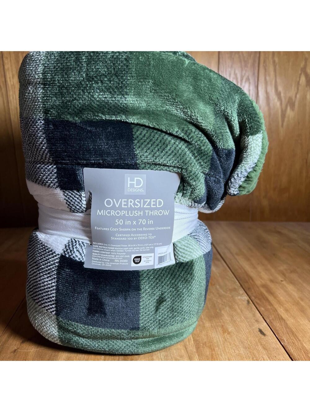New HD Designs Micro Plush Throw 50" x 70" OEKO-TEX Sherpa Green Plaid